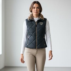 CRESCENDO Equestrian ladies, Hunter Green vest, faux fur gold zip extra large